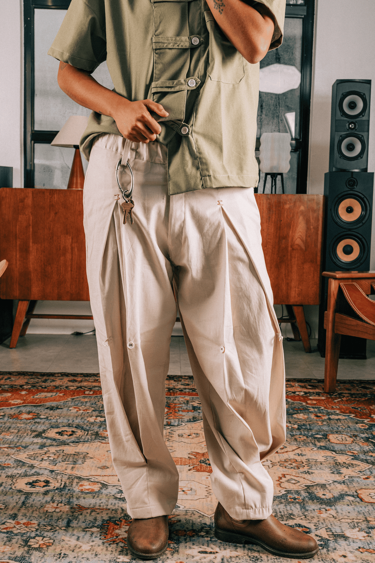 Beige Pleated Loop Pants